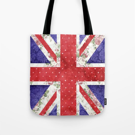 Vintage Red Polka Dots Floral UK Union Jack Flag and Blue Damask Tote Bag