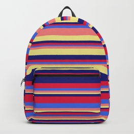 [ Thumbnail: Eye-catching Crimson, Royal Blue, Light Coral, Tan, and Midnight Blue Colored Striped/Lined Pattern Backpack ]