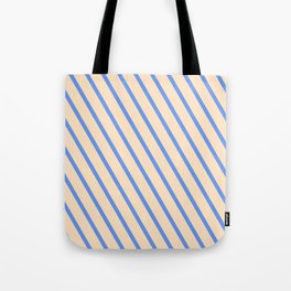 [ Thumbnail: Cornflower Blue & Bisque Colored Pattern of Stripes Tote Bag ]