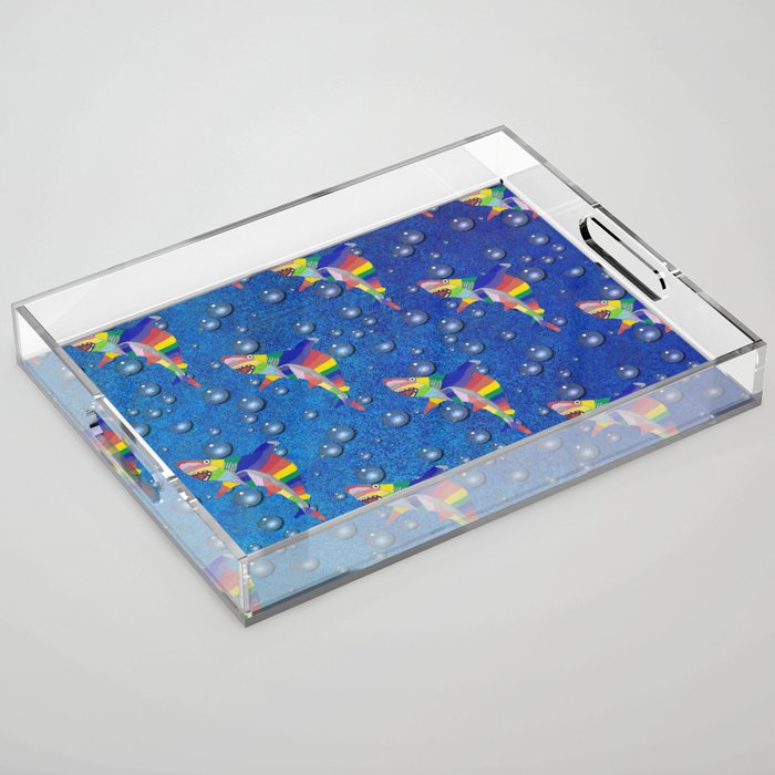 Colorful Shark Hand Drawn Design with Digital Bubbles on a Water Background Acrylic Tray