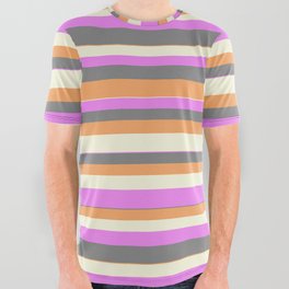 [ Thumbnail: Violet, Gray, Brown, and Beige Colored Lined/Striped Pattern All Over Graphic Tee ]