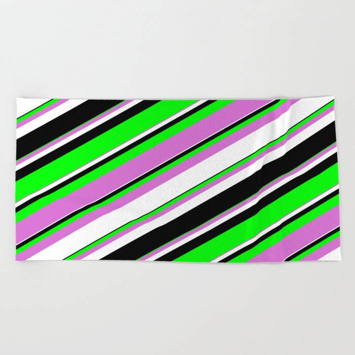 Lime, Orchid, White & Black Colored Lined/Striped Pattern Beach Towel