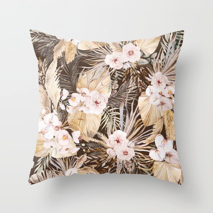 Watercolor Bohemian seamless pattern with dried tropical leaves illustration Throw Pillow