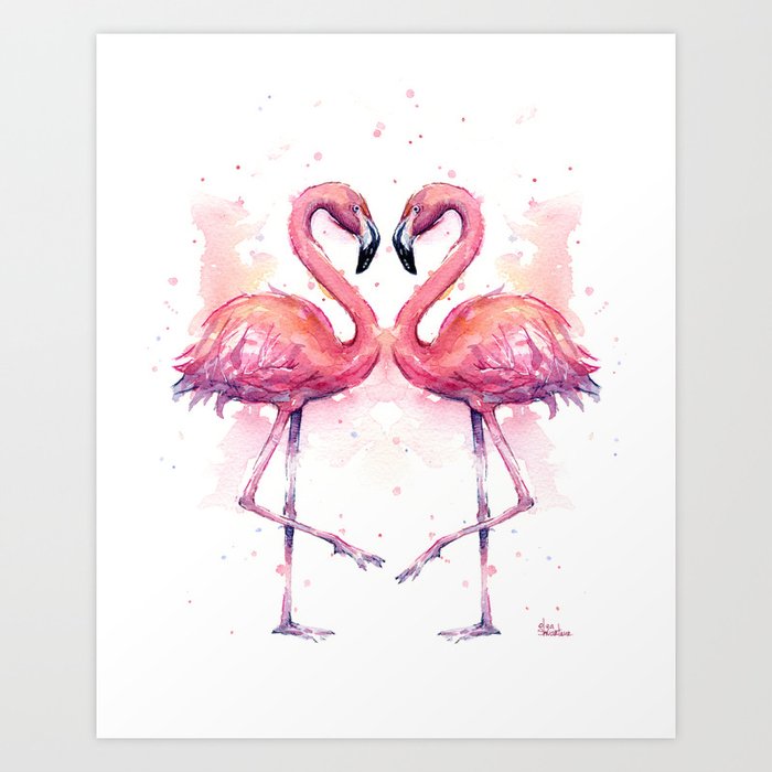 Flamingo Watercolor Two Flamingos in Love Art Print
