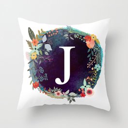 Personalized Monogram Initial Letter J Floral Wreath Artwork Throw Pillow