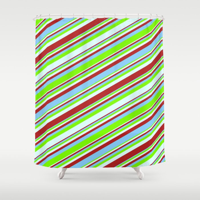 Red, Light Sky Blue, Green, and Light Cyan Colored Striped/Lined Pattern Shower Curtain