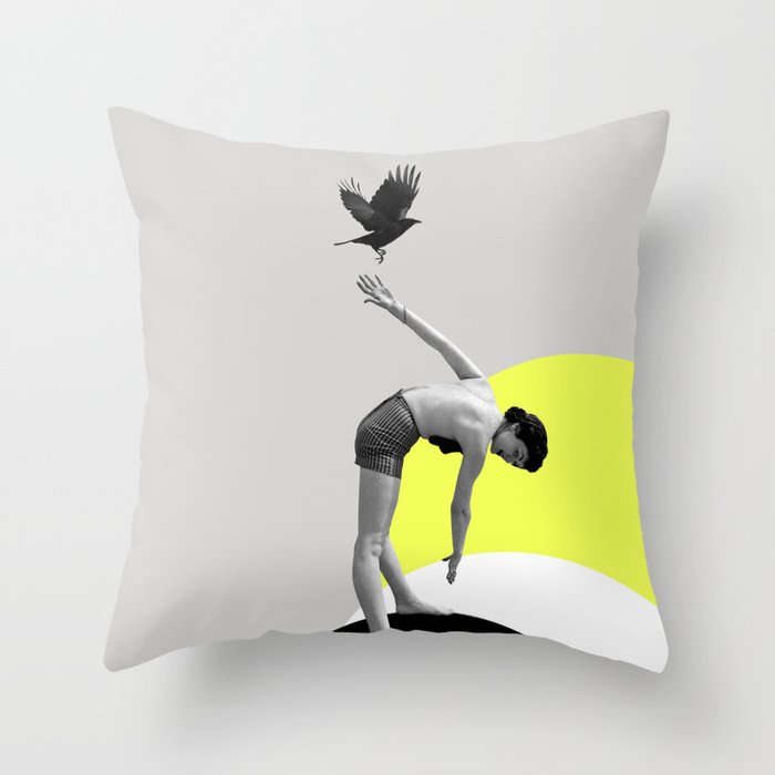 Woman and a Black Bird, Collage Art Throw Pillow