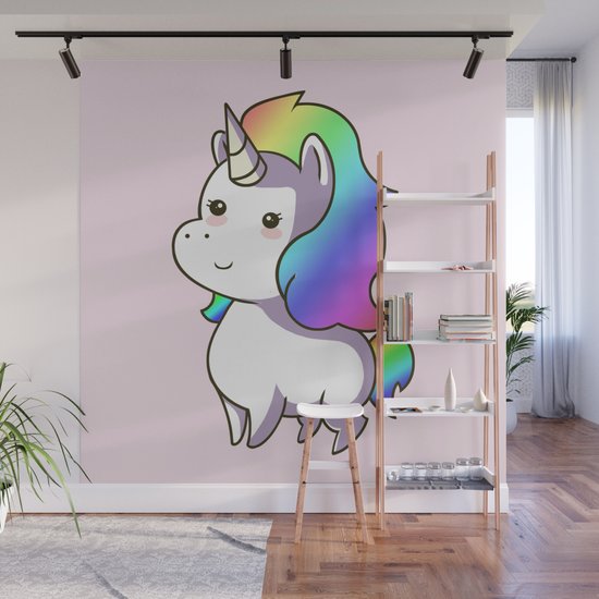 Super Cute Rainbow Unicorn Kawaii Wall Mural By Steelartstudios