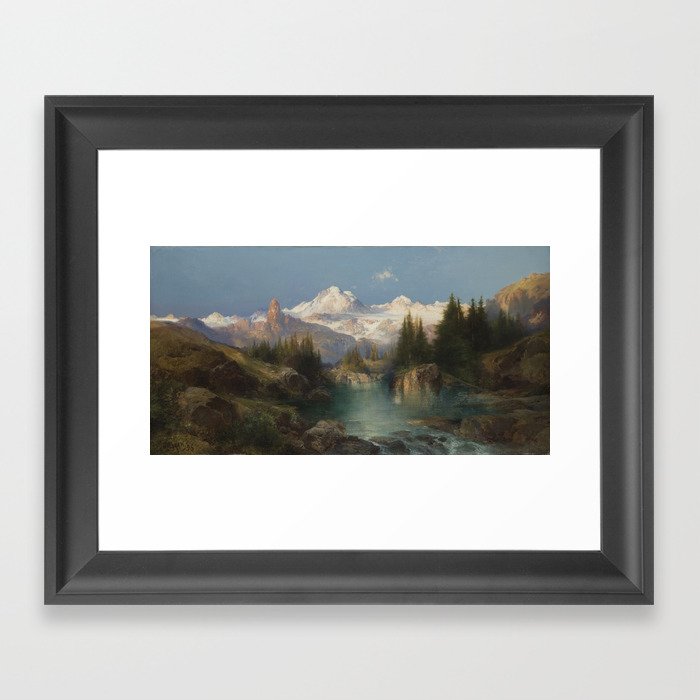 Snow-capped Rocky Mountains landscape painting by Thomas Moran Framed Art Print