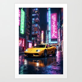 yellow racing car in the street of Tokyo Art Print