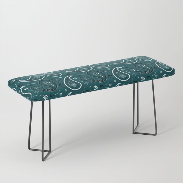 Black and White Paisley Pattern on Teal Blue Background Bench