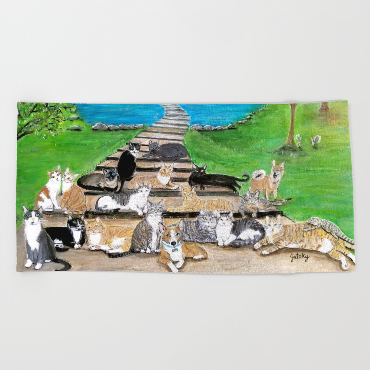 Rainbow Bridge Cats And Dogs Beach Towel By Paintingsbygretzky