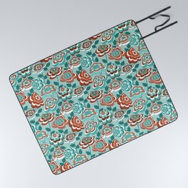 Mid Century Modern Retro Flower Pattern // Aqua, Turquoise, Teal, Rust, Clay, White Picnic Blanket