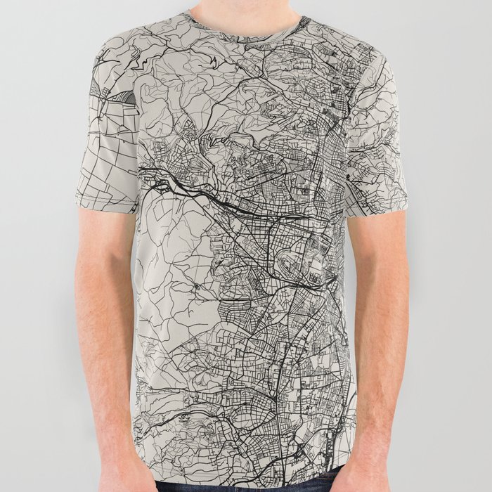 Vienna-Austria - Black and White Map All Over Graphic Tee
