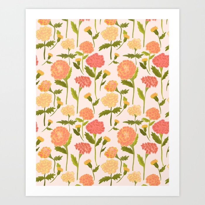 Marigold Dream / Warm Flower Pattern Art Print