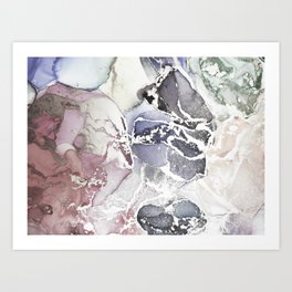 Alcohol Abstract. Gray and Black Blots. Clear water Divorces. Ink Blot. Alcohol Ink Splatter. Aquamarine Spray Gouache drawn. Contrast Grayscale Colorful Texture. Art Print