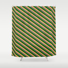 [ Thumbnail: Dark Green, Brown, and Dim Grey Colored Lined Pattern Shower Curtain ]