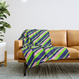 [ Thumbnail: Light Pink, Green, and Midnight Blue Colored Striped/Lined Pattern Throw Blanket ]
