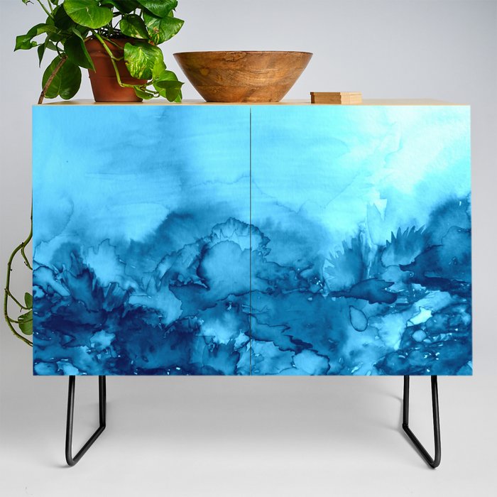 INTO ETERNITY, TURQUOISE Colorful Aqua Blue Watercolor Painting Abstract Art Floral Landscape Nature Credenza