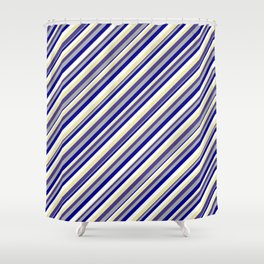 [ Thumbnail: Vibrant Dark Slate Blue, Dark Gray, Dark Blue, White, and Pale Goldenrod Colored Striped Pattern Shower Curtain ]