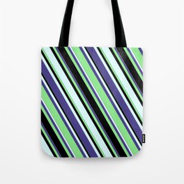 [ Thumbnail: Dark Slate Blue, Light Green, Black, and Light Cyan Colored Lined Pattern Tote Bag ]