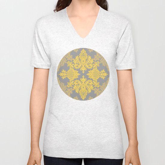 Golden Folk - doodle pattern in yellow & grey Unisex V-Neck