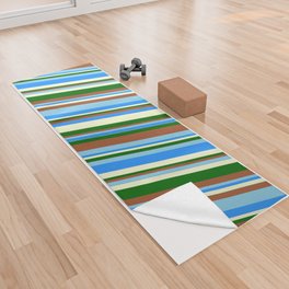 [ Thumbnail: Vibrant Sienna, Sky Blue, Blue, Light Yellow, and Dark Green Colored Striped Pattern Yoga Towel ]