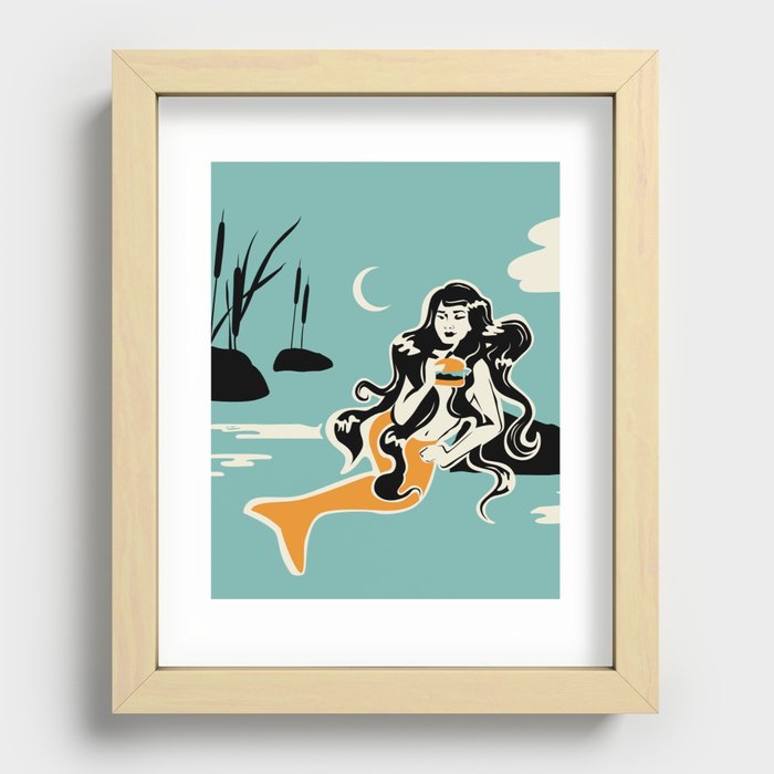 Storybook mermaid eating a hamburger Recessed Framed Print