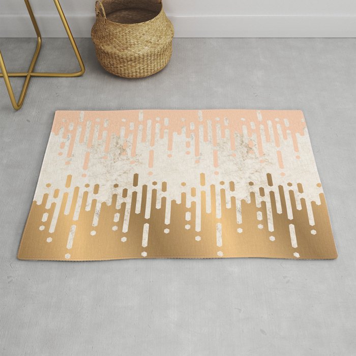 Marble and Geometric Diamond Drips, in Gold and Peach Rug