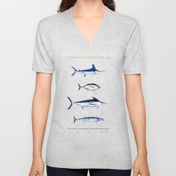 White Marlin, Yellowfin Tuna, Blue Marlin, Wahoo; Mid-Atlantic Offshore Grand Slam V Neck T Shirt