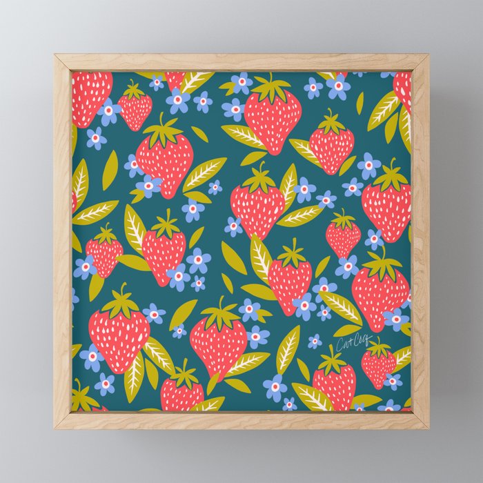 Strawberry Blooms – Turquoise Framed Mini Art Print