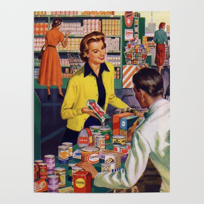 Retro - Vintage -  Woman -  Shopping -  Groceries -  Store - Vintage illustration. Retro décor. Poster