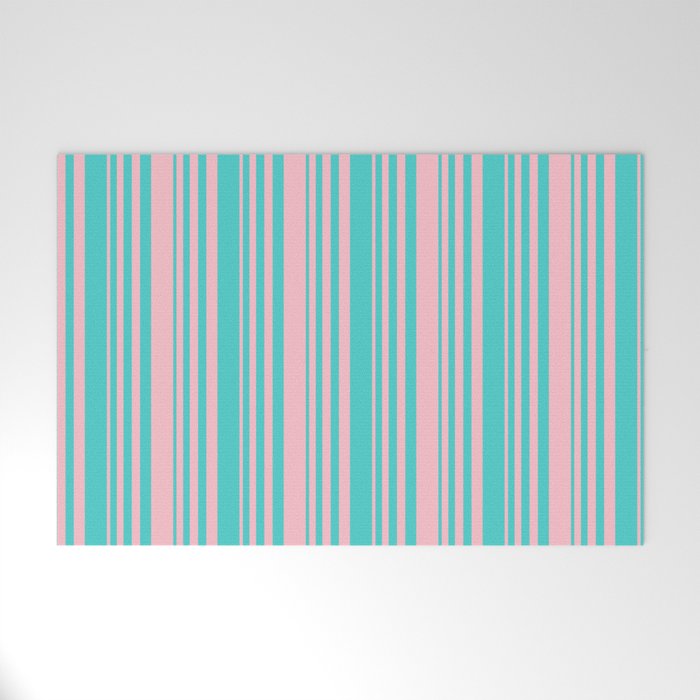 Turquoise and Pink Colored Lines/Stripes Pattern Welcome Mat