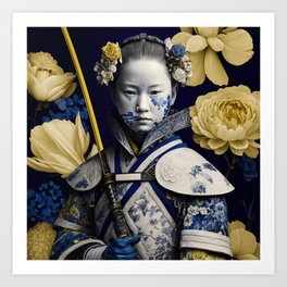 Portrait of a Japanese Warrior Figure with Floral Uniform and Hair Decoration Art Print