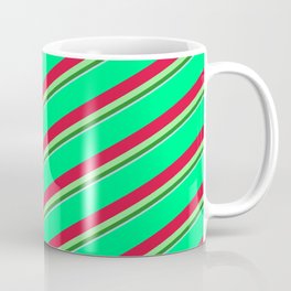 [ Thumbnail: Vibrant Green, Crimson, Light Green, Forest Green & Light Blue Colored Striped/Lined Pattern Coffee Mug ]