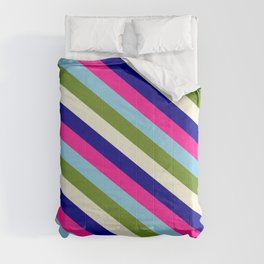 [ Thumbnail: Vibrant Sky Blue, Green, Beige, Dark Blue & Deep Pink Colored Striped/Lined Pattern Comforter ]