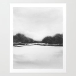 River Bank III - Black and White Foggy Trees on River Bank Watercolor Painting Art Print