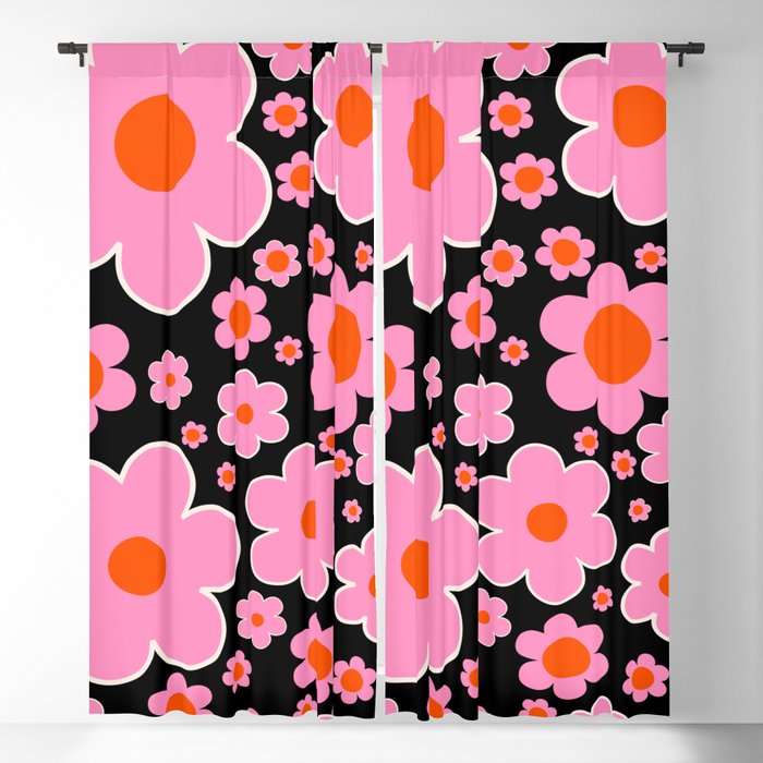 Retro Flower Pattern Black Pink And Orange Blackout Curtain