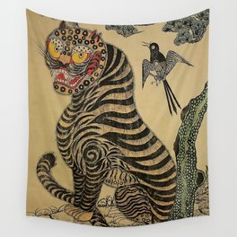 Striped Vintage Minhwa Tiger and Magpie Wall Tapestry