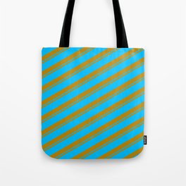 [ Thumbnail: Dark Goldenrod and Deep Sky Blue Colored Striped/Lined Pattern Tote Bag ]
