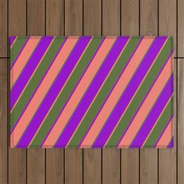 [ Thumbnail: Dark Olive Green, Dark Violet & Salmon Colored Striped/Lined Pattern Outdoor Rug ]