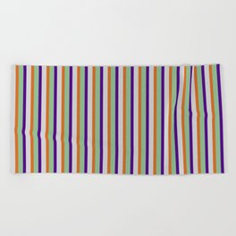 [ Thumbnail: Dark Sea Green, Indigo, Light Grey & Chocolate Colored Pattern of Stripes Beach Towel ]
