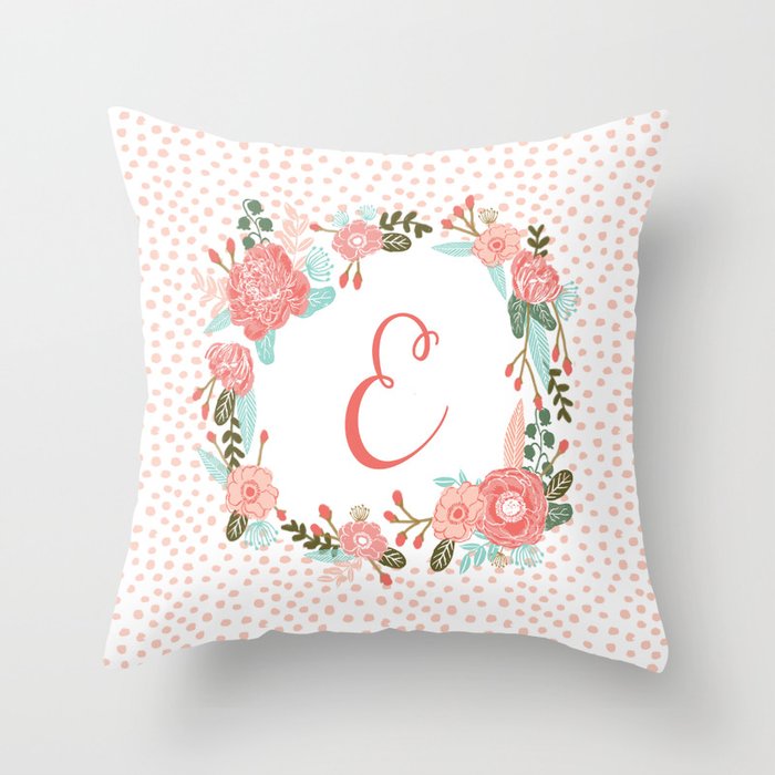 Monogram E - cute girls coral florals flower wreath, coral florals, baby girl, baby blanket Throw Pillow
