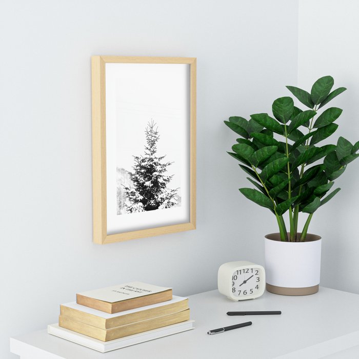 Beautiful minimal black and white snowy fir tree portrait Recessed Framed Print  |  society6.com