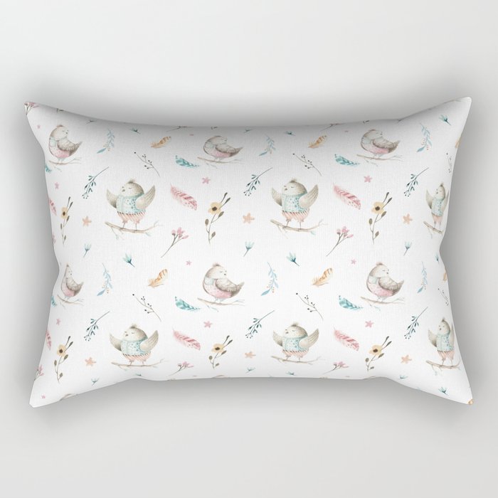 Hand painted pink teal watercolor bohemian bird floral pattern Rectangular Pillow