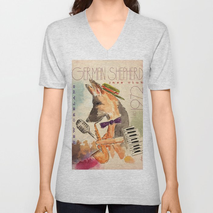 german shepherd dog gsd jazz music poster musician keyboard saxophone art artwork V Neck T Shirt