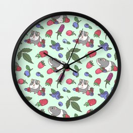 Guinea Pig Pattern in Mint Green Background with mix berries Wall Clock
