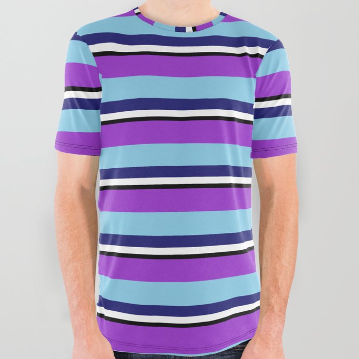 Vibrant Dark Orchid, Sky Blue, Midnight Blue, White & Black Colored Pattern of Stripes All Over Graphic Tee