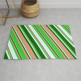 [ Thumbnail: Dark Salmon, Lime Green, Light Cyan, and Dark Green Colored Stripes/Lines Pattern Rug ]