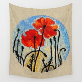 Embroidered Poppies Wall Tapestry